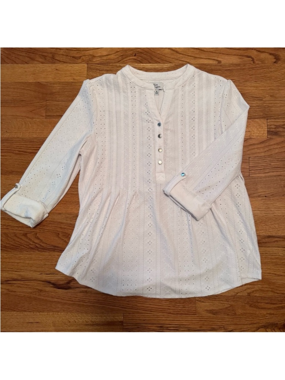 Kim Rogers White Eyelet Henley Peplum Blouse
